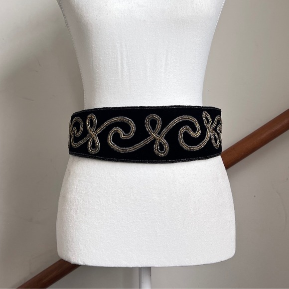 Vintage 90s Beaded Velvet Waist Belt Black Metallic Ornate Statement Chunky Wide main image 4